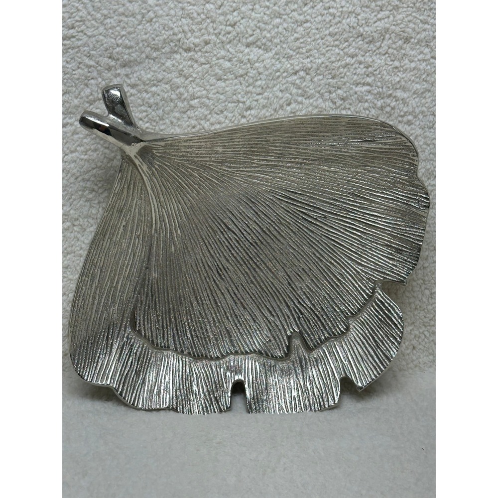 Unbranded Large Metal Ginkgo Leaf Dish Silver Textured Decorative Catchall Tray